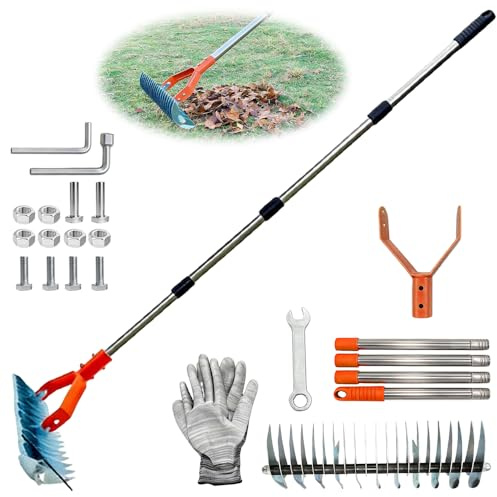 Scarificatore rastrello con manico 170 cm, scarificatore manuale rimovibile con manico, rastrello per prato, lunghezza regolabile, rastrello per scarificare, rastrello per la pulizia di totem erba