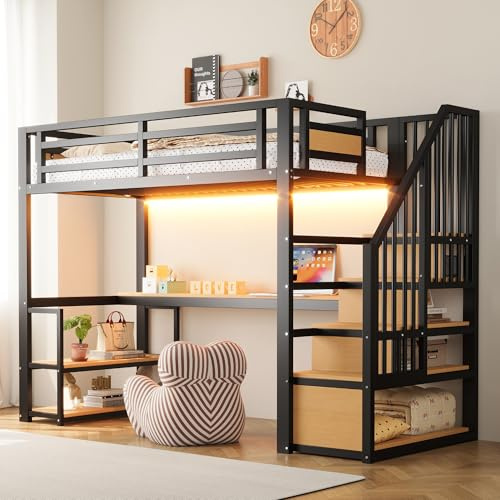 90 x 200 metallvåningssäng, med LED-ljuslist och uttag, med förvaringsstege, hyllor och bord, säkerhetsstaket-design, hög ramsäng i järn med metallram för stabilt stöd, svart