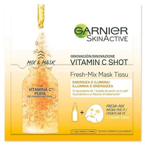 Garnier Fresh-Mix - Mascarilla de tejido de vitamina C iluminadora para la cara, máscara de chupito, 33 g
