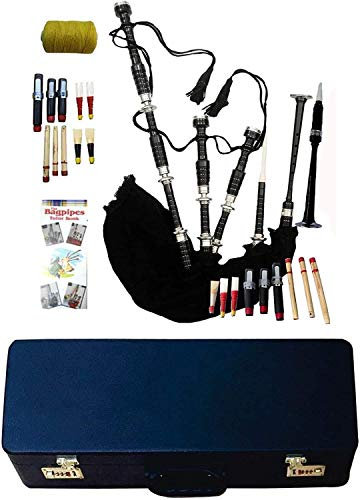 Toller Highland-Dudelsack mit silberfarbenen Halterungen, schwarzer Samt mit Hartschalenkoffer (mit Hartschale)