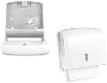 Handtuch-Papierspender | klein und kompakt, Kapazität für ca. 300 Blatt C/V-Falz | Spender im modernen Design, weiß | Sichtfenster zur Verbrauchskontrolle und abschließbar inkl. Befestigungsmaterial