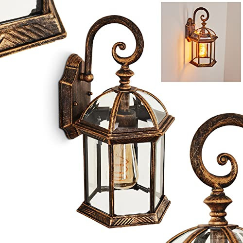 HOFSTEIN Außenwandleuchte Bourrouc, Außenleuchte aus Kuntstoff/Glas in Goldfarben/Schwarz/Klar, Wandlampe im Vintage Design für Terrasse/Hof/Eingangsbereich, 1 x E27, IP23, ohne Leuchtmittel