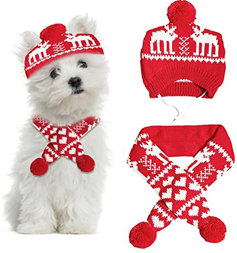 2 pcs d'écharpe Bonnet Noël pour Animaux Compagnie Collier Chaud d'hiver Chiot Chapeau tricoté Animaux Compagnie Accessoires Costumes pour Chiens Chats Echarpe Bonnet ajusta (Chevreuil, M)