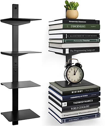 ART-GIFTREE Scaffali galleggianti da parete, libreria sospesa invisibile a 4 ripiani, torre verticale per libri con dorso in vista, montaggio a parete e salvaspazio, organizer per libri in metallo