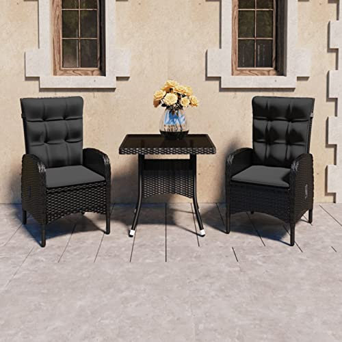 ZHOUMIN 3-TLG. Garten-Essgruppe, Gartenmöbel Set, Garten Möbel, Gartengarnitur, Sitzgarnitur, Gartenset, Sitzgruppe Garten, Garten Möbelsets, Poly Rattan und Glas Schwarz