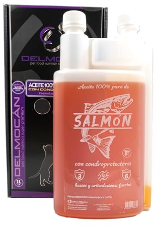 Aceite 100% Puro de salmón DELMOCAN (Bote de 1 litro) - con condroprotectores (5.000 MG/l) - Indicado para Perros y Gatos - Pelo Fuerte y Brillante - Articulaciones sanas - Actividad antiinflamatoria