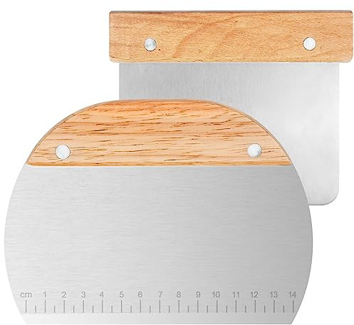 DONQL 2 Pcs Dough Scraper Cutter, Stainless Steel Dough Scraper with Wooden Handle, Pastry Cutter Scraper Smoother Kitchen Scraper for Pizza, Bread, Pastry, Cake Dough Baking Shaping, (Arc & Square)