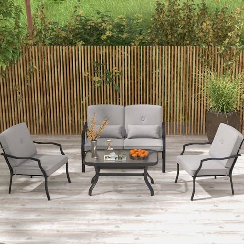 GIANTEX Juego de Muebles de Jardín 4 Piezas, Sofá de 2 Plazas y 2 Sillones, Mesa de Centro con Tablero de Vidrio, Cojines Suaves, Conjunto de Muebles para Patio, Balcón (Gris)