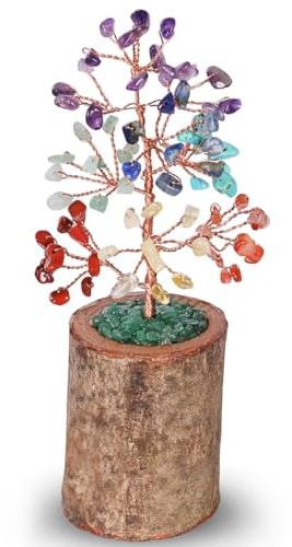 Seven Chakra Money Tree on Wood Stump for Energy Balance，Crystal Tree of Life for Wealth & Prosperity,Crystal Decoration for Home