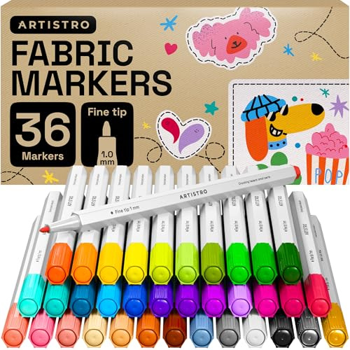 ARTISTRO 36 Fabric Pens Fine Tip for T-Shirts, Clothes, Bags & Canvas | Rich, Vivid Colour Payoff with Quick-Dry Ink, Easy to Control for Lettering, Doodling & DIY Personalising, Gift for All Ages