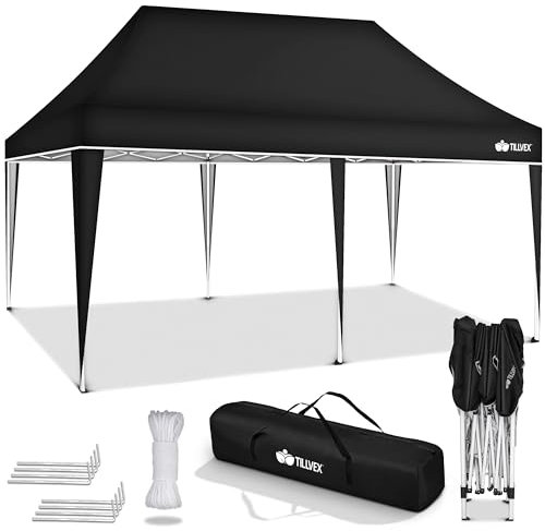tillvex Pavillon 3x6m wasserdicht | Pop-Up Faltpavillon höhenverstellbar | Gartenzelt UV Schutz 50+ | Partyzelt mit Tasche für Garten (Schwarz - ohne Seitenteile)