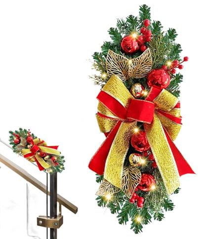 Couronne de Noël, couronne décorative, guirlande de Noël pour escaliers | Couronne de branches de pin sur le thème de l'hiver et couronne de nœud pour porte d'entrée | Décoration de vacances festive
