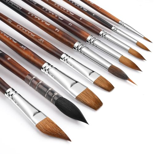 Aquarellpinselset - 9er Professionell Rotmarder Pinselset & Natur Eichhörnchenhaar Pinselset für Aquarell,Wasserfarben | Künstlerpinsel | Echthaar Pinsel, Watercolor Brushes für Hohe Absorption