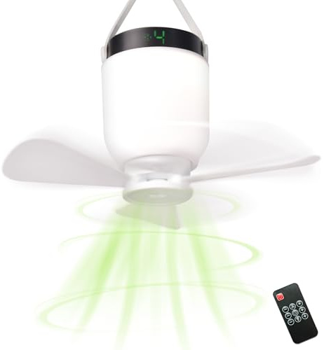 HOYECHI Camping Accessories Fan with Light - Portable Rechargeable Tent Fan with 8000mAh Battery, Remote Control & Hanging Hook - Cool Camping Gear for Tents, Outdoor, RV & Car Essentials