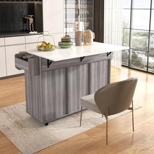 139 x 46 (71 x 91,5 cm, grande carrello da portata, impiallacciato in legno massiccio grigio per il corpo + impiallacciatura in marmo bianco per il piano di lavoro. Armadio/piano di lavoro pieghevole