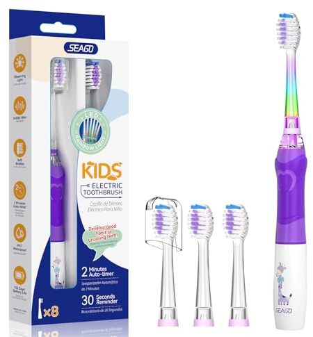 Seago Spazzolino elettrico per bambini dai 3 ai 12 anni in su, con luce colorata, Smart Timer, 4 testine morbide, impermeabile, per bambini, SG-977 (viola-DE)