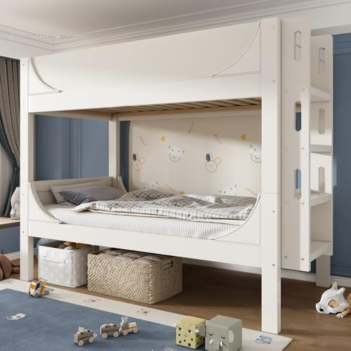 KOMHTOM Lit Superposé Séparable 90 x 200 cm, Cadre de lit en Bois avec échelle Verticale et Garde-Corps de Sécurité, pour Chambres d'adolescents(sans Matelas) (Blanc-A)