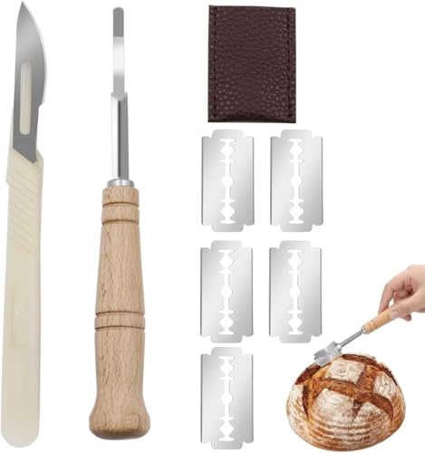 KAFULI 2 Pezzi Taglierino per pane Lama pane coltello da pane con 5 Lamette acciaio Inossidabile Maniglia in legno bread lame per DIY Impasto Intagliare modelli di pane crudo