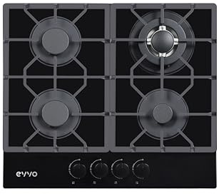 Placa de Gas EVVO V70 Glass, 4 Quemadores con Wok, Cristal Templado Negro, Encendido Eléctrico, Gas Natural/Butano
