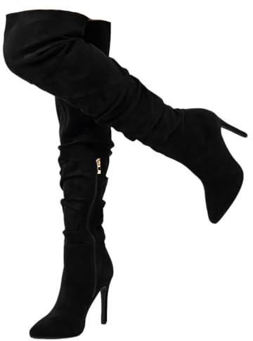 ticticlily Bottines en Daim Femme Bottes Hautes Cuissardes d'Hiver avec Talon Aiguille Confortable Boots Longues Élégantes Bureau Soirée A Noir 39 EU