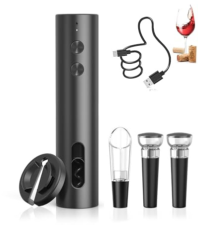 ZOYIDOUX Set Apribottiglie Elettrico Ricaricabile – Apribottiglie Elettrico USB-C con 2 Tappi Vino Vuoto, Versatore & Tagliacapsule, Mini Portatile, Design Nero Opaco