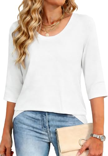 Crewhpo Camiseta Manga 3/4 Mujer Cuello Redondo Top Básica Blusas Elegante | Color Sólido, Holgado, Elástico Ligero, Suave Cómodo, Transpirable, Entallado, Primavera, Verano, Diario, Casual