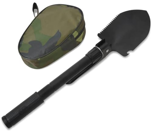 Mangloder - Pala plegable de acero al carbono, color negro, con funda y brújula en el mango