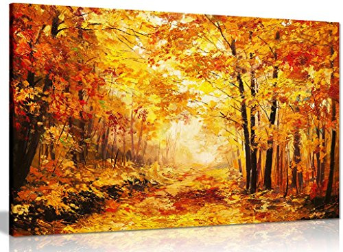 Autumn Forest Large Canvas Wall Art, Framed Ready to Hang, 30x20in Print | Colourful Orange Yellow Landscape Painting for Living Room Bedroom, Solid Pine Frame, UV-Resistant Inks by Panther Print