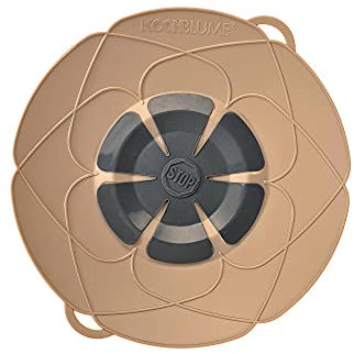 Kochblume the original, silicone boil over protection for pots and pans, microwave lid, splash guard and steam cooker attachment, set with zip pocket in the pink box., taupe, M | Topfgröße 14-20cm