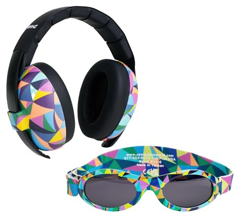 Banz Ear Defenders & Sunglasses Combo - Noise Cancelling Baby Headphones & Wrap Around Baby Sunglasses - for Infants & Toddlers, 0-36 Months, Adjustable Straps - 100% UV Protection, SNR 24dB