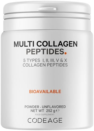 Codeage Multi Kollagen Proteinpulver Peptide, 1-Monatsvorrat, hydrolysiert, Typ I, II, III, V, X, aus Weidehaltung, All-in-One Super Knochenbrühe Kollagen Ergänzung, gentechnikfrei, 252 Gramm