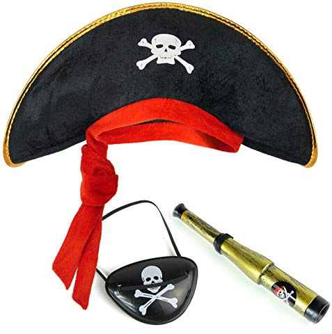 Balinco Set pirate pour enfants comprenant un chapeau de pirate + un cache-il + une longue-vue - Set de costume pour Mardi Gras/Carnaval