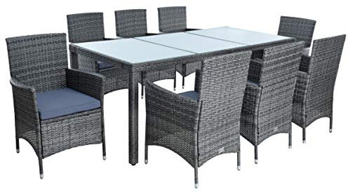 ESTEXO Polyrattan Sitzgruppe Gartenmöbel Set 8 Personen Rattanmöbel Gartenset Rattan Essgruppe Garten-Stühle Garten-Tisch Hocker Sessel mit Kissen (Anthrazit-Grau)