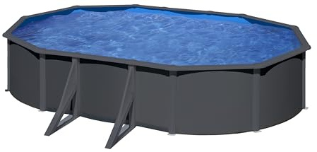 Gre KIT610GY Piscina de Acero Elevada, Ovalada con Aspecto Acero Gris Antracita, Piscinas Desmontables para Jardín, 610 x 375 x 120 cm, Kea