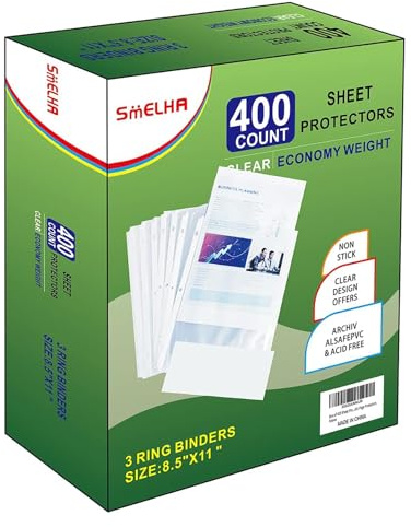 Sheet Protectors 400 Page,Page Protector 8.5 x 11 ，Upgraded Clear Plastic Page Protectors,for 3 Ring Binder, Top Loading Paper Protector with Reinforced Holes,Holds Multiple Sheets，Letter Size