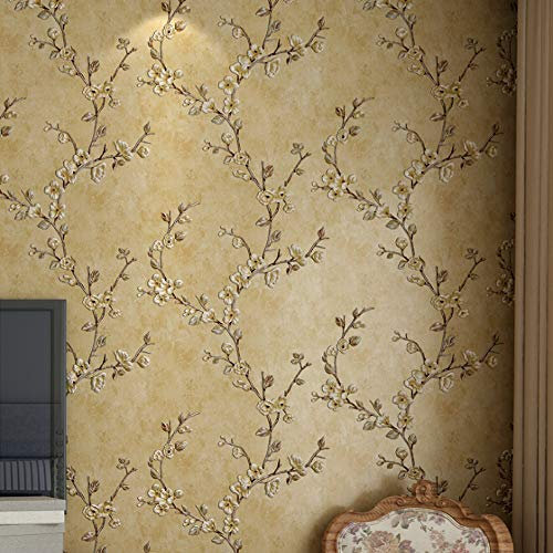 MEAIHOME Retro American Pastoral Style Flower Tree Non-Woven 3D Bedroom Living Room Home TV Background Non-Pasted Wallpaper Retro Yellow 1.73'W x 32.8'L