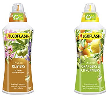 ALGOFLASH Engrais Oliviers et Plantes Méditerranéennes, Bouchon Doseur Inclus, 750 ml, ALIMED750N & Engrais Orangers et Citronniers, Bouchon Doseur Inclus, 750 ml, ALIAGR750N