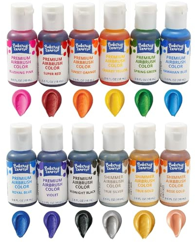 Bakery Crafts Premium Airbrush Food Coloring, 12 Bottle Set, 7.2 Fl Oz, Edible Paint For Use With All Airbrush Kits - Cake Decorating, Food Painting, Frosting, Red, Pink, Yellow, Green, Blue, Black,