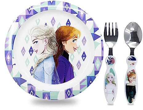 Sorrisini Vajilla Infantil Reutilizable Apta Para Microondas Para Niños y Bebés, Juego de Desayuno para la Primera Comida Cubiertos, Tenedor, Cuchara de Acero Inoxidable y Plato, sin BPA, Frozen Elsa