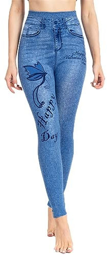 ORANDESIGNE Donna Leggins con Stampa Denim e Farfalle Leggings Push Up Elasticizzati a Vita Alta Jeggings Slim Pantaloni Sportivi Yoga Treggings Comodi Sport Lungo Stretto Skinny A Blu Scuro XS