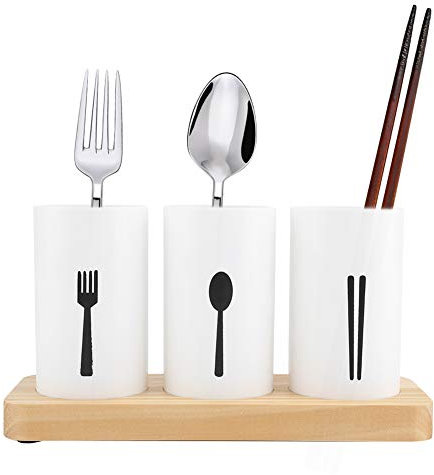 Portaposate, Base Portaposate in Legno di Quercia Base Antiscivolo per Bacchette Scolapiatti Portautensili Portacucchiaio con Tre Scomparti per Tavolo da Cucina, Armadietto,