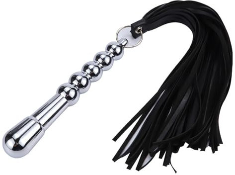DEJIN Horse Riding Whip, PU Leather Tassels Riding Crop Flogger Training Tool for Equestrian with Metal Beads Handle