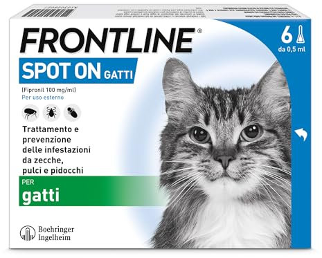 FRONTLINE Spot On, 6 Pipette, Gatto, Antiparassitario per Gatti e Gattini di Lunga Durata, Protegge da Zecche, Pulci e Pidocchi, Antipulci in Confezione da 6 Pipette da 0.5 ml