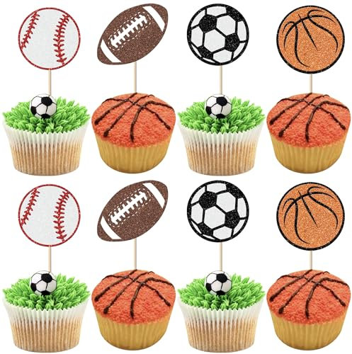 Xsstarmi 24 Pack Sport Theme Ball Games Cupcake Toppers Glitter Football Basketball Rugby Baseball Cupcake Picks for Ball Games Theme Baby Shower Kids Birthday Party Cake Decorations Supplies