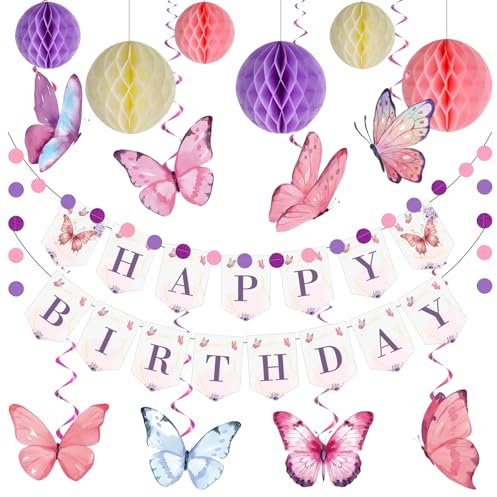 Geburtstagsdeko, Geburtstagsdeko mädchen, Lila Happy Birthday Banner mit Wabenball, Schmetterlinge Hängende Wirbel Streamer, Kreis Punkt Girlande Dekoration, Party Deko für Frauen Mädchen