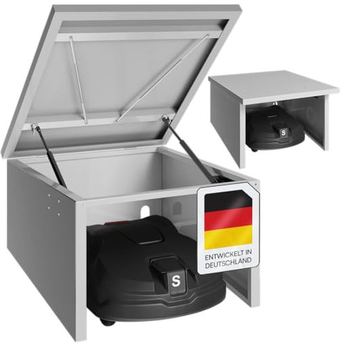STEELSØN Drakon Mähroboter Garage aus Stahl - Mähroboterhaus mit Pultdach für Garten Witterungsbeständig & UV-Schutz in Silber 90x76x53.5/42.5 cm