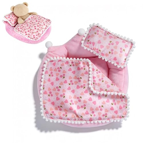 Labubu Bed, Pink Strawberry Miniature Pillow Blanket Set, Doll 10-17cm Furniture, Compatible Boo-Boo Accessory, Collectors Display Decor, Shelf Photography Props Hobby Gift