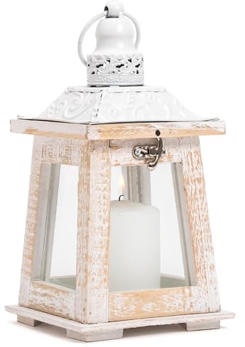 Vimin Box - Lanterne Rustique en Bois avec Verre et Dessus en Métal | Style Shabby Chic/Farmhouse | Bougeoir Déco pour Intérieur et Extérieur | Blanc ou Bois Foncé | Hauteur 24,5 cm