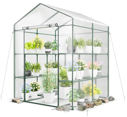 COSTWAY Växthus, gångbart växthus med 8 hyllor, tomathus med PVC-lock och robust metallram, tomatväxthus för tomater, grönsaker, växter, 139 x 144 x 195 cm