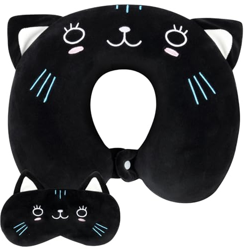 Alaoo Oreiller de Voyage en Mousse à mémoire avec Masque de Nuit, Oreiller de Voyage pour Avion, Super léger et Portable, Coussin de Cou Formé en U Animal pour Voyage Avion Train Burea,Chat Noir